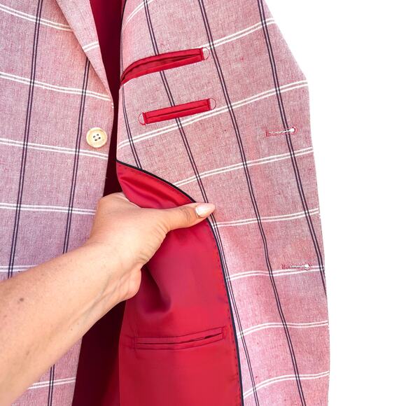 Paul Fredrick Linen Cotton Men’s Blazer Jacket Red Pink 48R Windowpane Preppy - Picture 8 of 8